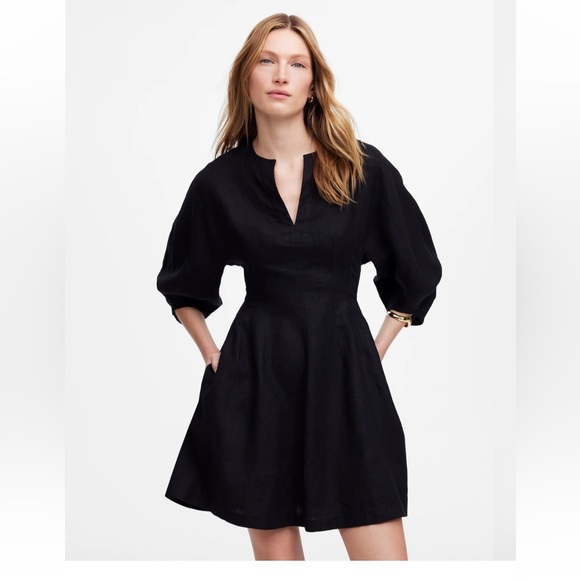 Madewell split neck mini dress in 100% linen black puff sleeve size 12 new - Picture 2 of 9